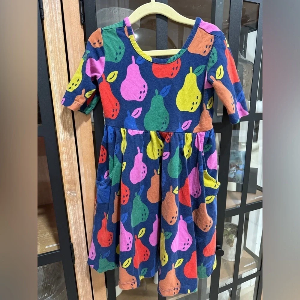 Hanna Andersson jersey skater dress Colorful Pears On Navy elbow rainbow toddler
